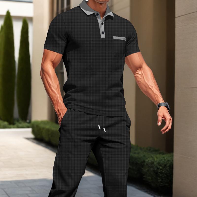 Męski Jasnoszary Zestaw Koszulka Polo i Spodnie Joggers z Waflowej Dzianiny z Kontrastowym Niebieskim Wykończeniem Casualowy Dwuczęściowy Dres