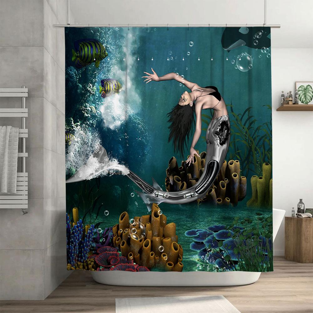 Underwater World Shower Curtain Mermaid Bath Mat Decor with Fishes Coral Design for Kids Bathroom Accessories Blue Green Color W