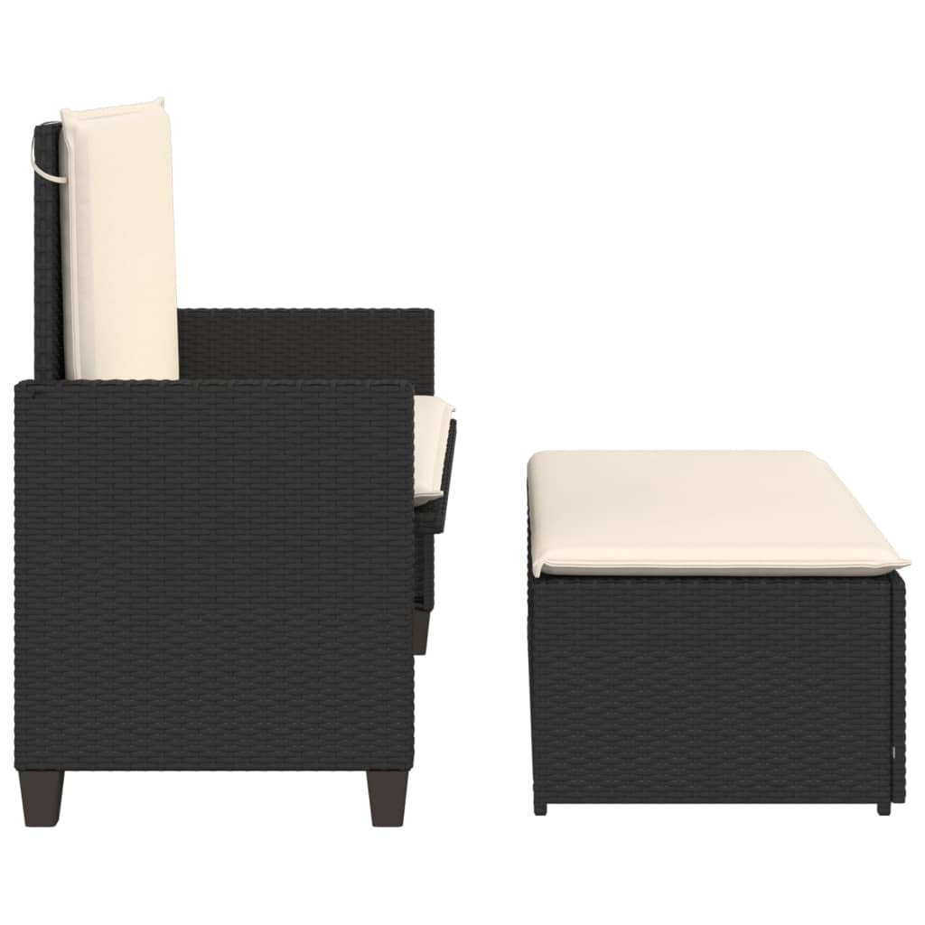 Garden Bench with Cushions and Footstool Black Poly Rattan