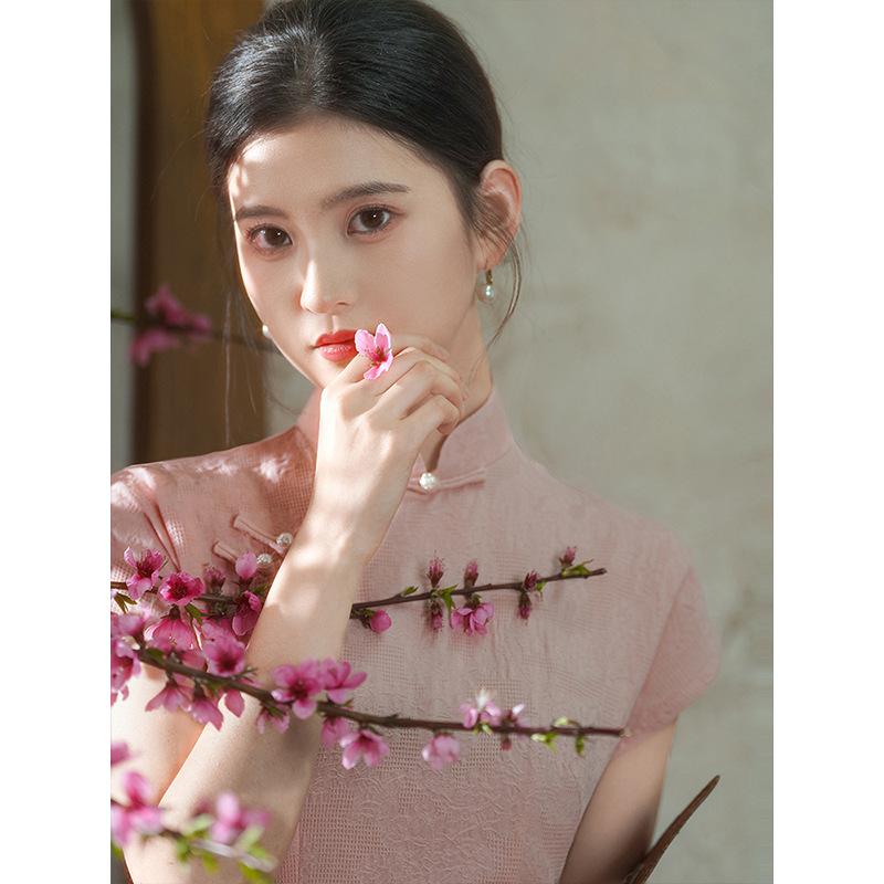 "Peach" retro literary pink cheongsam 1011 spring and summer new new Chinese style improved national style jacquard cotton