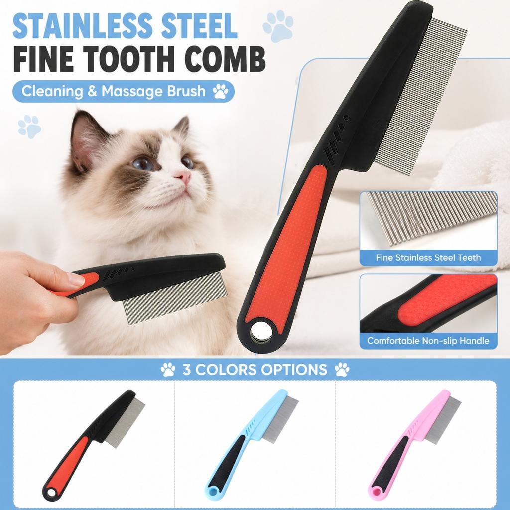 Fine Tooth Stainless Steel Cleaning Massage Brush with Ergonomic Handle for Pet Grooming and Hair Removal Professional Use