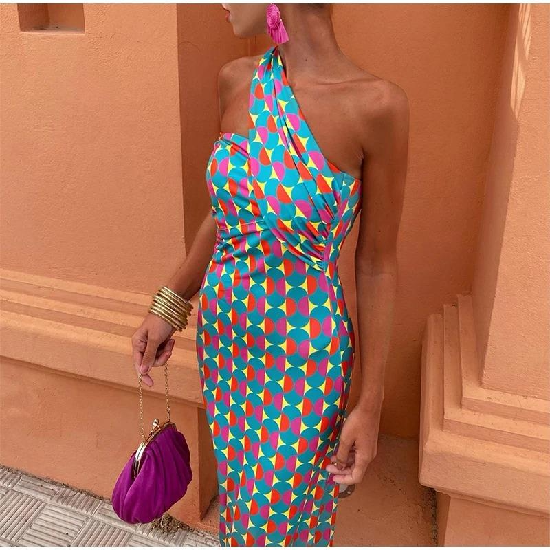Summer Sexy Print One Shoulder Dress Women Elegant Retro Backless High Street Dresses Female Fashion Chic Slim Sleeveless Party Clothes