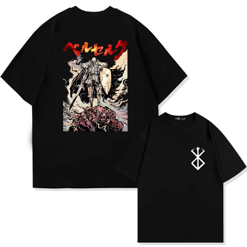 Japan Anime Berserk T-Shirt Guts Print Graphic Tee Men's 90s Summer Short Sleeve Casual Manga Dark Fantasy Black Swordsman Style