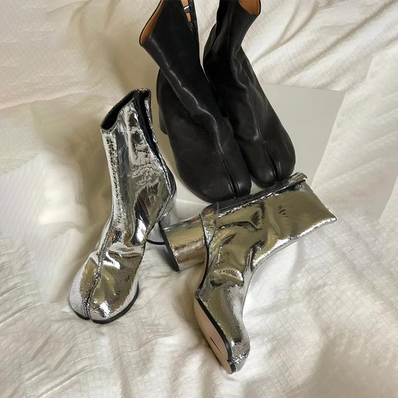 Luxury Brand Designer Tabi Split-toe Ankle Boots Women Genuine Leather Chunky High Heel Short Boots 2025 Spring Autumn Shoes
