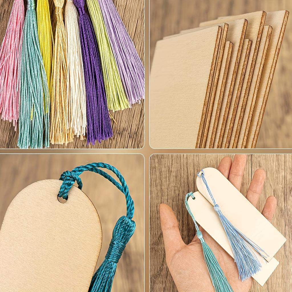 12pcs Unfinished Wooden Bookmark DIY Wood Craft Bookmarks with Laser Cut Wooden Hooks, Square Tags, 12 Tassels - Random Color