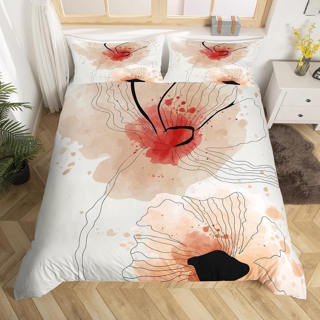 Flower Duvet Cover Set, Little Red Spring Summer Time Garden Florals Poppy Decorative 3 Piece Bedding Set with 2 Pillow Shams