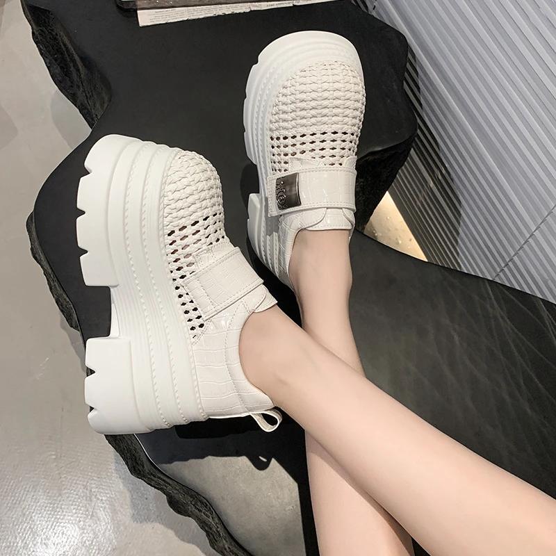 Fashion 8CM Women's Platform Slip-On Shoes Thick Bottom New Summer Hollow Leather Chunky Sneakers Breathable Outdoor High Heels Sandals