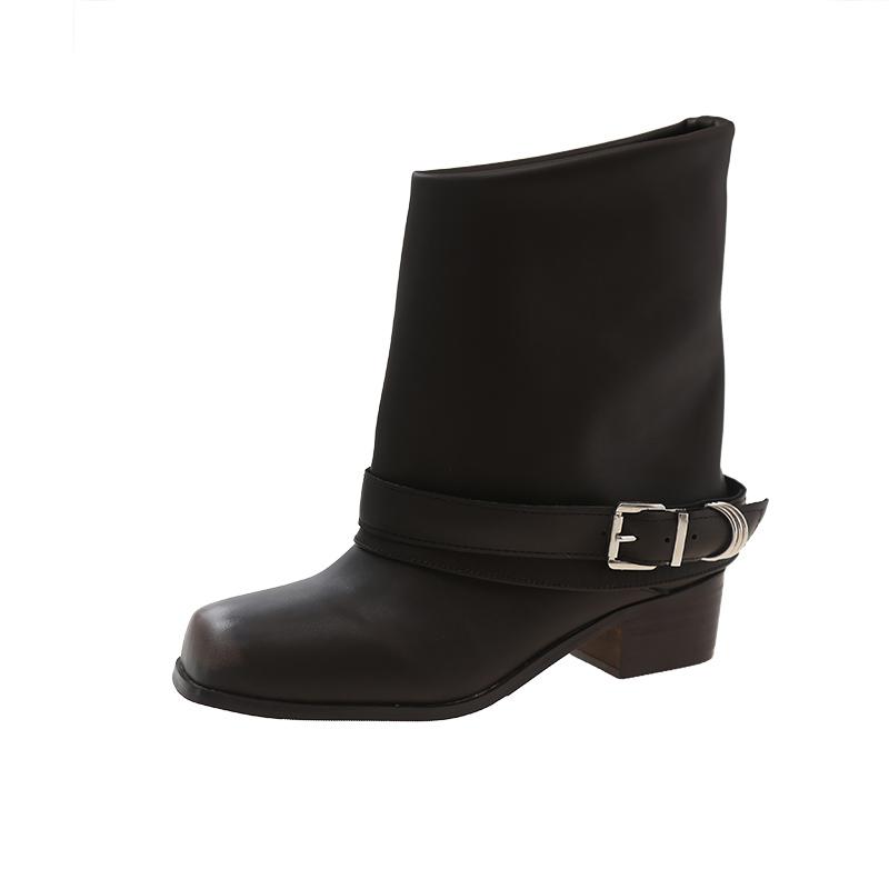 Fashion Vintage Square Toe Women Western Cowgirl Fashion Belt Buckle Shoes Autumn Winter Thick Heel Women's Knight Short Booties