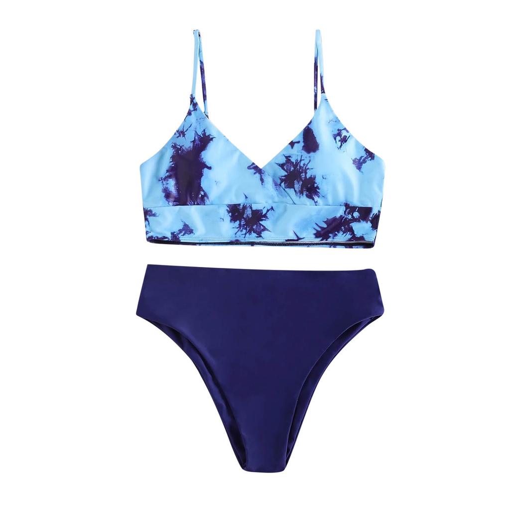 Women's Two Piece Swimsuit High Waist Bikini Bottom with Adjustable Straps and Tie Dye Pattern Crop Top Swimwear Set for Beach Pool