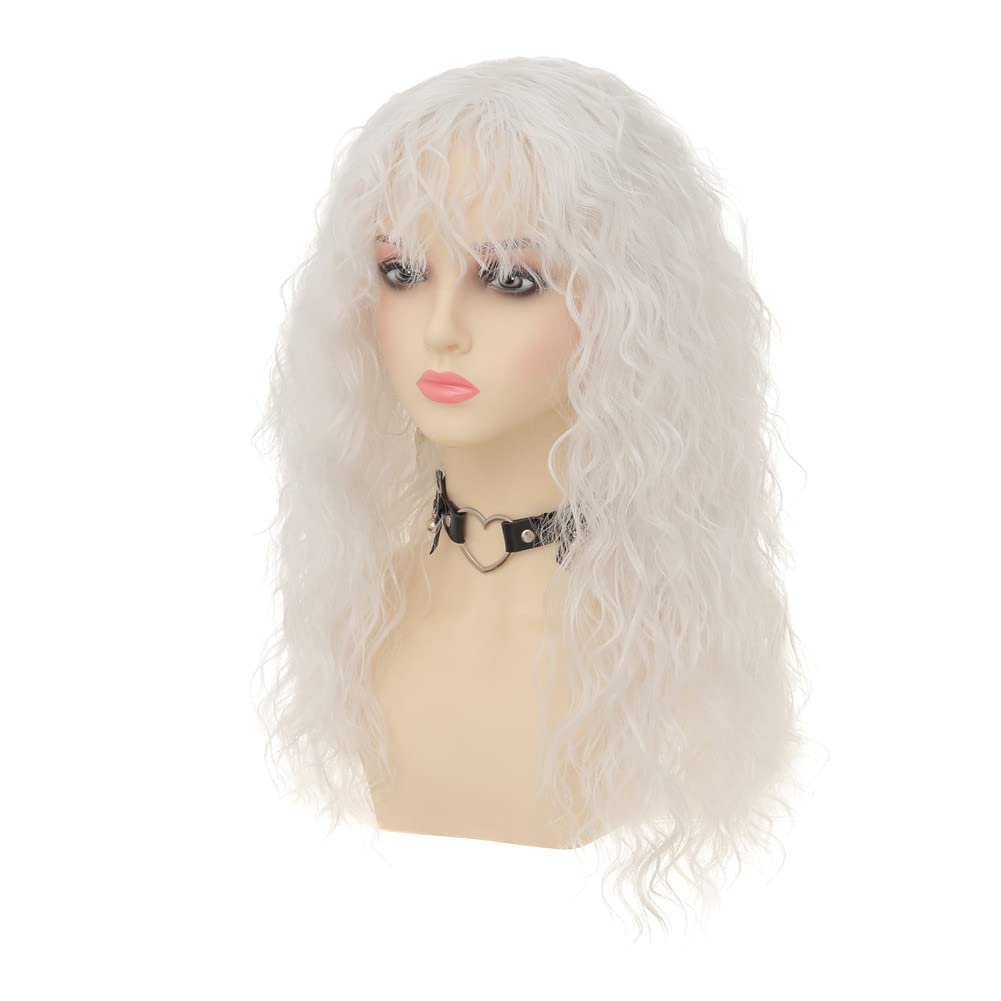 White Synthetic Wigs with Bangs for Women Long Curly Wavy Soft Cosplay Halloween Costume Anime Wig