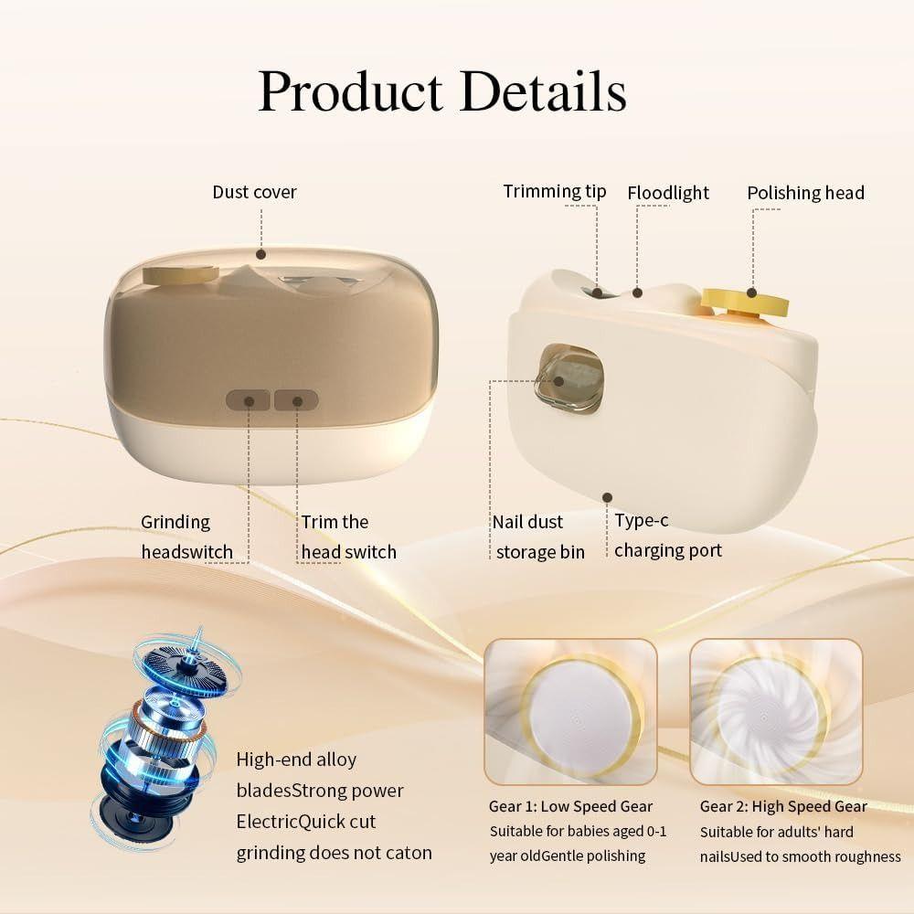 3 in 1 Electric Nail Clipper LED Light Nail Debris Storage Automatic Nail Trimmer and Polisher Rechargeable 2 Speeds