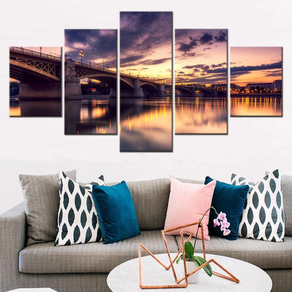 5 Pièces Peinture Nature Pont Margaret Budapest Papier Peint Paysage Urbain Arts Muraux Toile Image Décorative pour Maison Salon