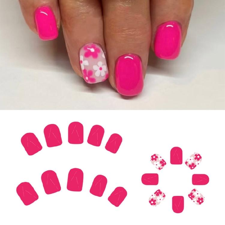 24 Pcs Press On Nail Short Square Full Cover False Nail Glossy Stick on Nail Artificial Nail with Flower Designs