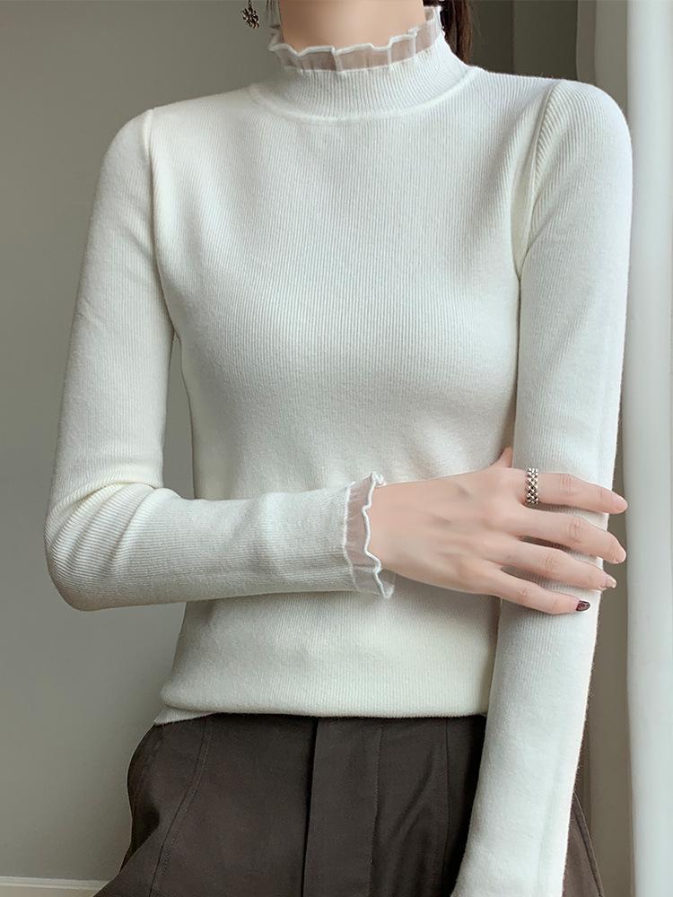 Women's Stylish Half-High Neck Knit Sweater - Lace Base Layer for Autumn & Winter