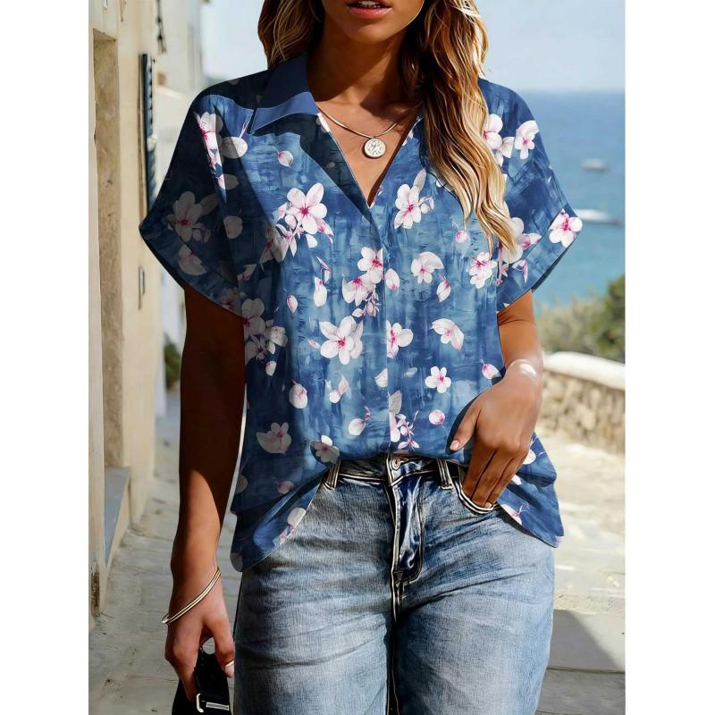 Floral Print Womens Loose Fit Short Sleeve V-Neck Top - Sleeveless Button-Free Casual Shirt Street Style