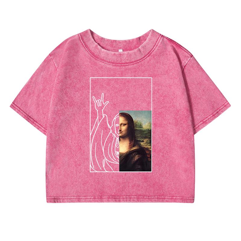 

Женская короткая футболка с принтом «Мона Лиза» от Biye, выстиранная, модная, повседневная, уличный топ, летняя, свободная, с эффектом потертости XL
