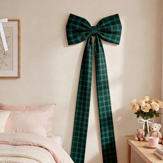 Giant Plaid Bow Decor for Room Wall Backdrop Oversized Large Green Bow Decoration 75x18 Inch Ribbon Tie for Baby Shower Wedding Birthday Party
