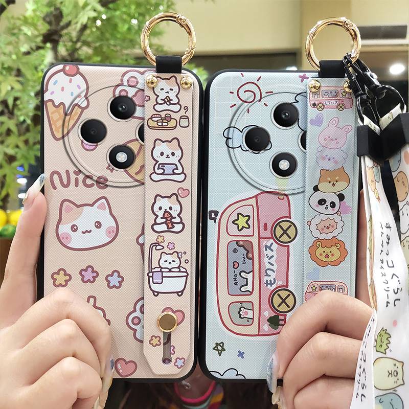Back Cover Waterproof Phone Case For OPPO Reno12F 5G Silicone Wristband Ring Cartoon Shockproof Anti-knock Wrist Strap