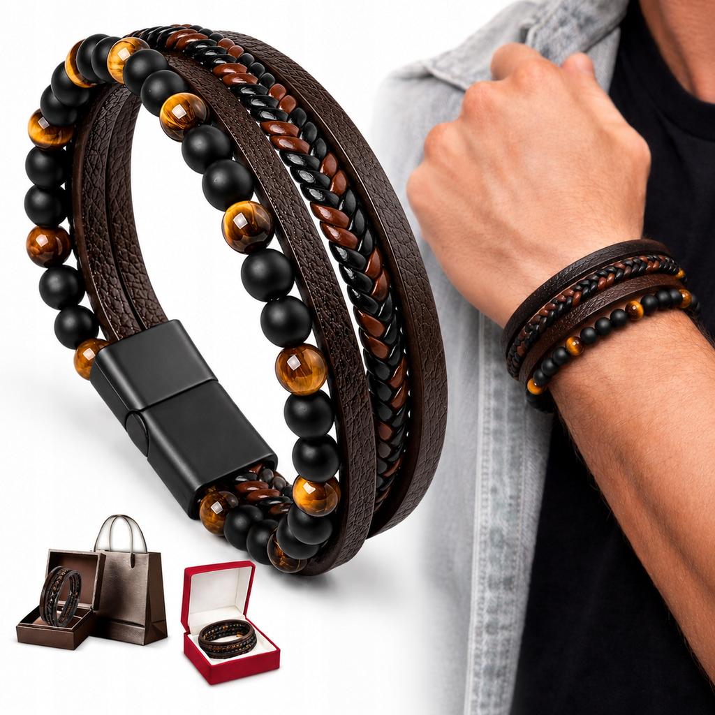 Men' Leather Bracelet with Beads, Bead Bracelet, Brown Titanium