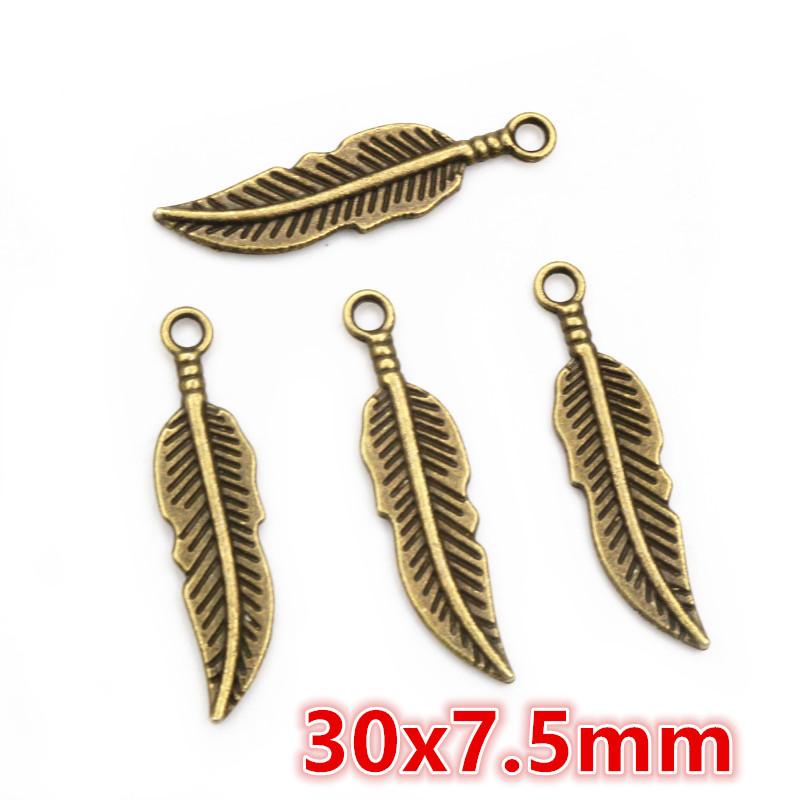 30pcs 28x8mm Feather Charms Pendant Bronze Antique Silver Plated DIY Jewelry Making Accessories Findings for Necklace Bracelet
