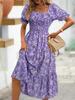 Floral Square Collar Ruched Waist Bubble Sleeve Layered Dress Sweet Style Dress