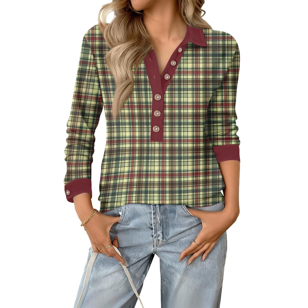 Women's Retro Street Lazy V,neck Long Sleeve Button Plaid Print Pullover Top