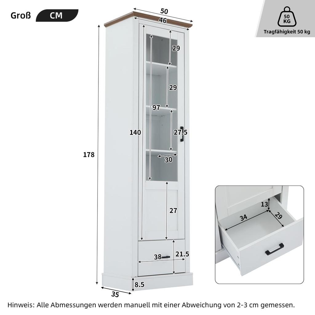 Witryna ze światłami LED, Szklana witryna szuflady 5 półek, Nowoczesny regał wysoki szafka kuchenna salon sypialnia biuro przedpokój, Biały, 178cm