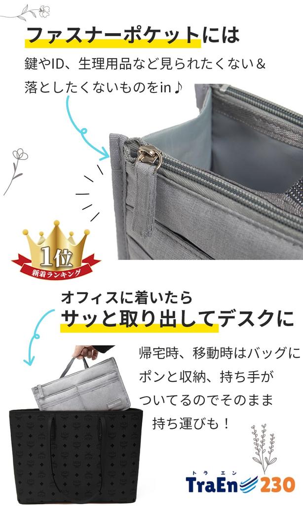 TraEn230 Free Address Portable Stationery Bag with Inner Ideal for Remote Work Bag-in-Bag, Small, Pocket, (Gray)