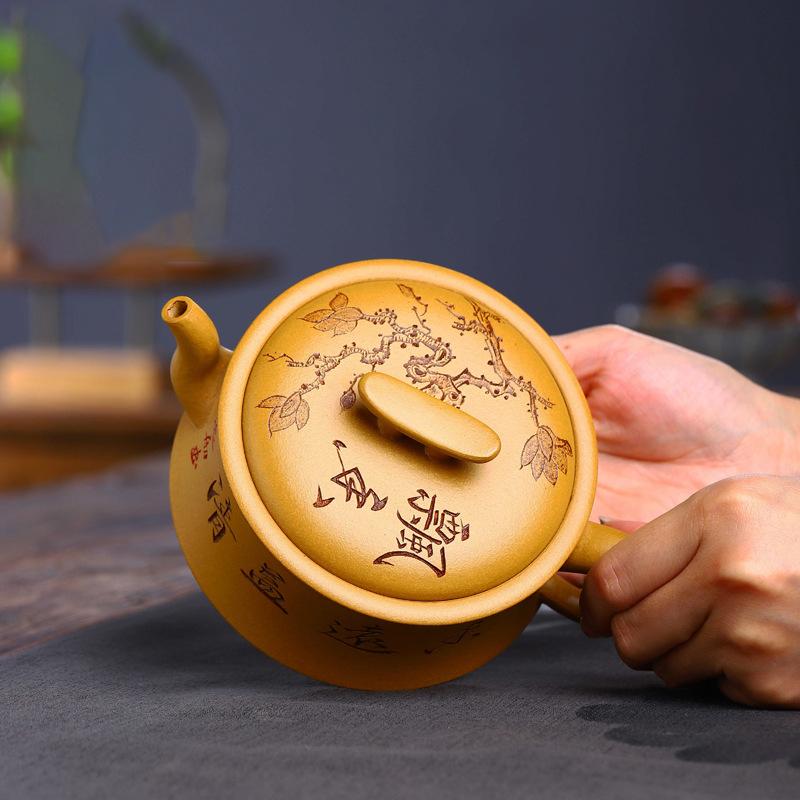 Lila Yixing-Ton-Teekanne, vollständig handgefertigt, goldener Schnitt, Ton, duftender Yuan-Yi-Qing-Topf, Kung-Fu-Teeset, Teekanne, Fassungsvermögen: 300 ml