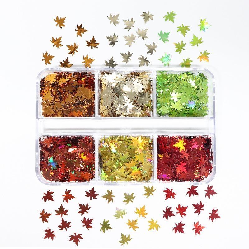 1 Set Shiny Mix Laser Nail Flakes 3D Leaf Nail Decoration 6 Grids Holographic Red Leaves Nail Glitter Sequins