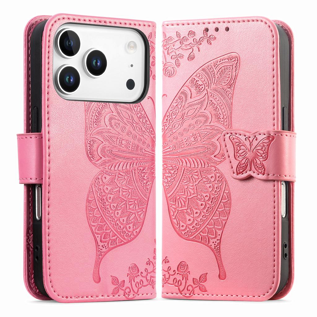 For iPhone 17 Pro Case with Strap Butterfly Pattern PU Leather Wallet Phone Cover