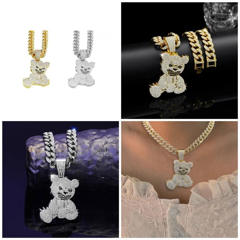 Coole Bärenanhänger-Halskette für Männer Kubanische Gliederkette Vergoldet/Versilbert Diamantenkette Halskette Hip Hop Party Schmuck