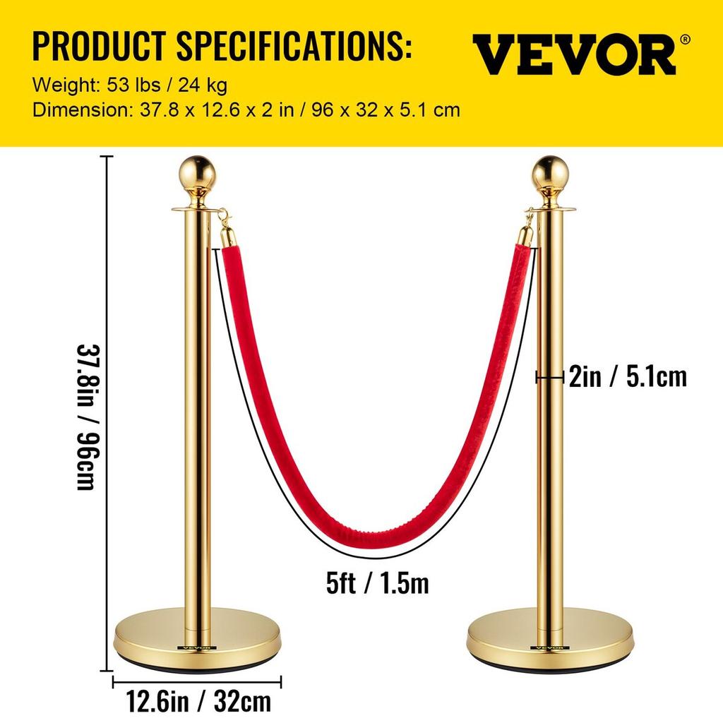 Velvet Ropes and Posts Gold Stanchion 5ft/1.5m Crowd Control Barriers 4PCS