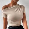 Women Summer T-shirt Skew Collar Short Sleeve Slim Fit Tee Shirt Solid Color Side Shirring Pullover Tops