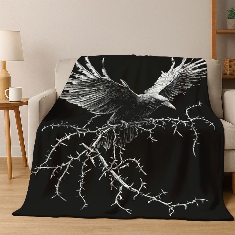 Gothic Raven Crow Skull Cartoon Flannel Blanket Soft Warm Blanket Throw Blanket for Bedroom Living Room Bed Travel Camping Gift