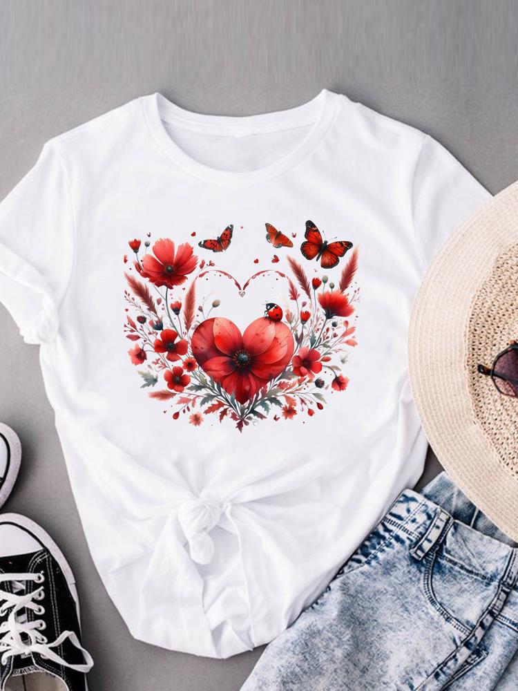 (Asian Size) flower watercolor cute Casual Women's Top Print Short Sleeve T-shirts T Clothing O-neck Fashion Female Graphic Tee