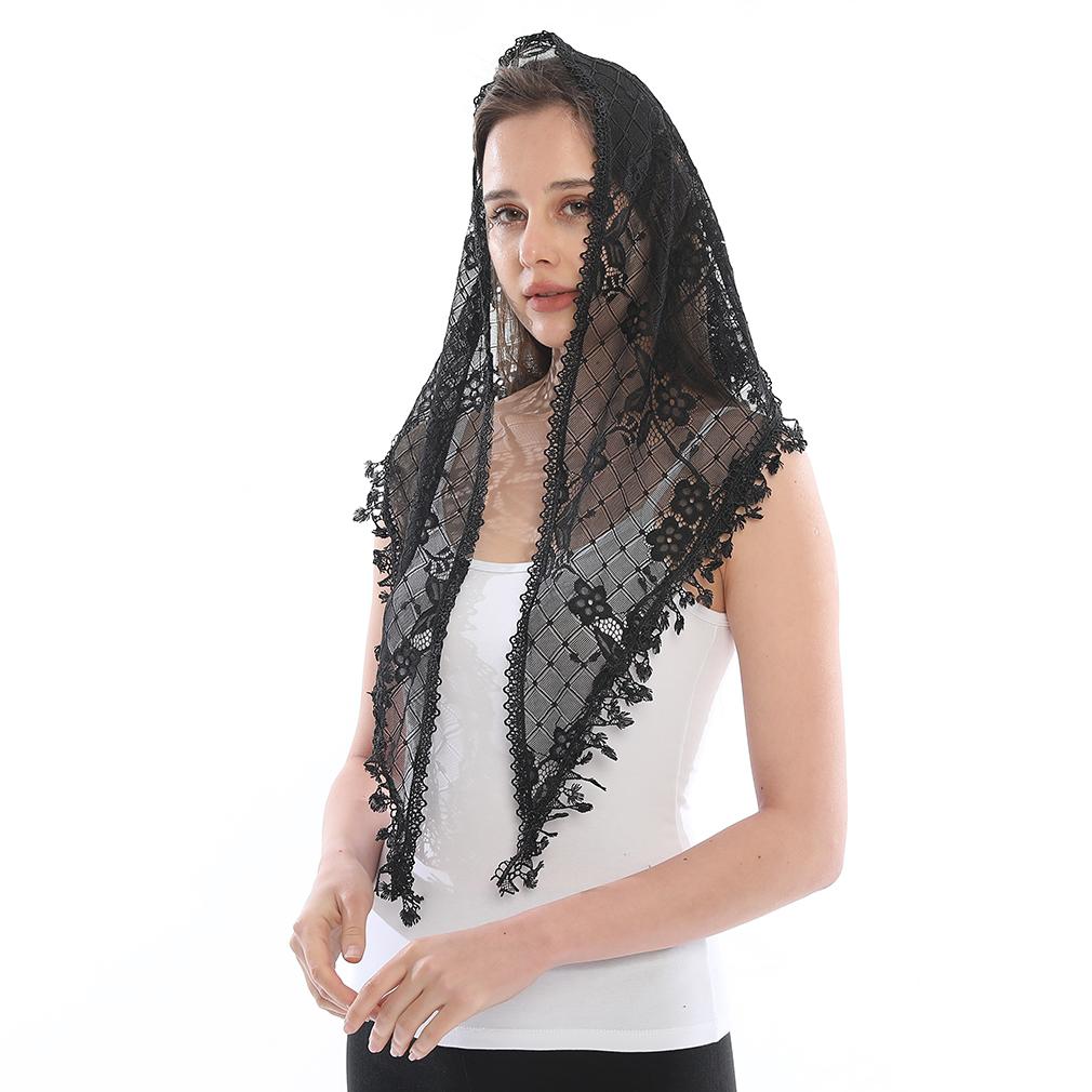 Embroidered Scarf for Church Shawl with Spanish Fringes Christian Veil Spanish Mantilla Lace Shawl Floral Women Handkerchief