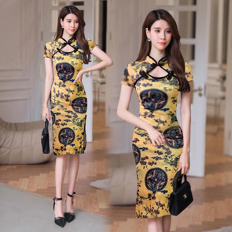 Summer Sexy Chinese-Style Printed Mid-Length Slit Dress for Women with Hollow Out Plate Buckle, Improved Qipao Design