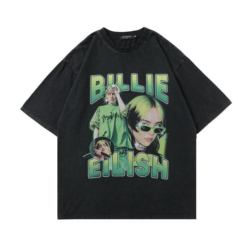 High Street Vintage Figure Billie Hip Hop Rapper Printed Short Sleeve T-Shirt Men'S And Women'S Street Half Sleeve Tide