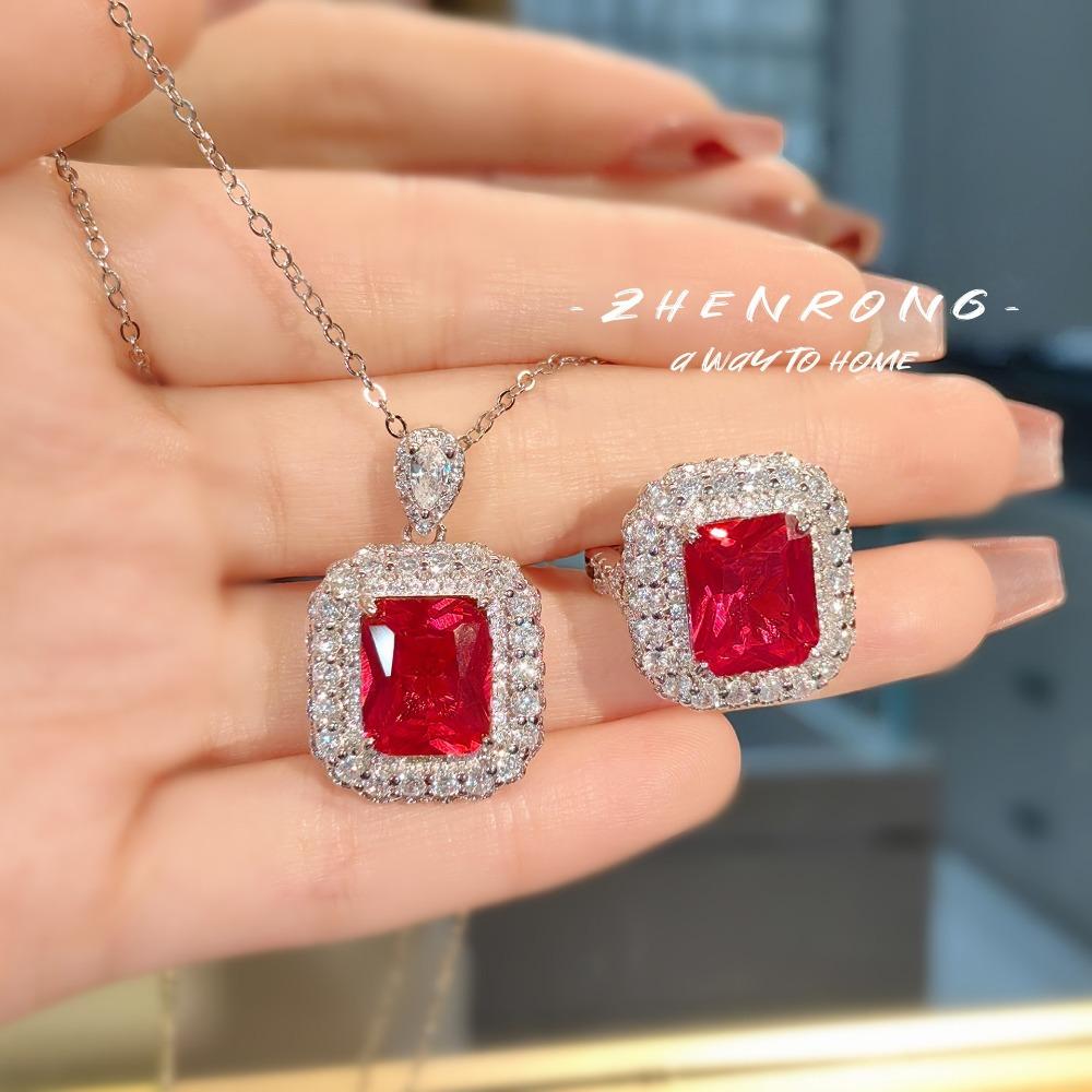 Women High Carbon Diamond Jewelry Set Blue Spinel Ring Ruby Pendant with Emerald Ring Stylish Diamond Set