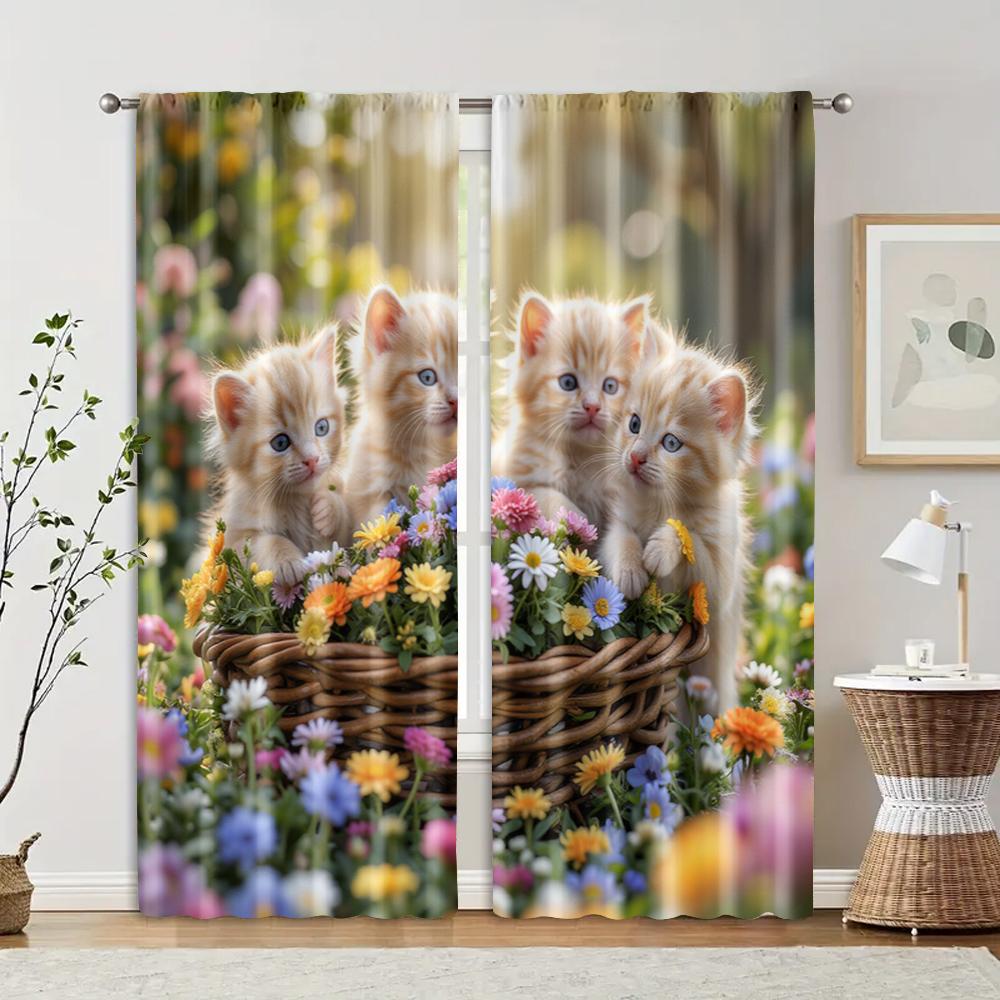 2 pcs, filtering curtains (excluding rods, non-movable, without batteries) Cat Pattern for use in bedrooms and living rooms