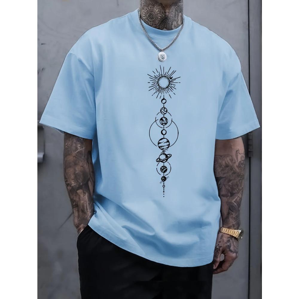 Geometric Pattern Crew Neck Short Sleeve Tee - Soft Slight Stretch  Fabric, Versatile Casual Top for Adult Men, Machine Washable