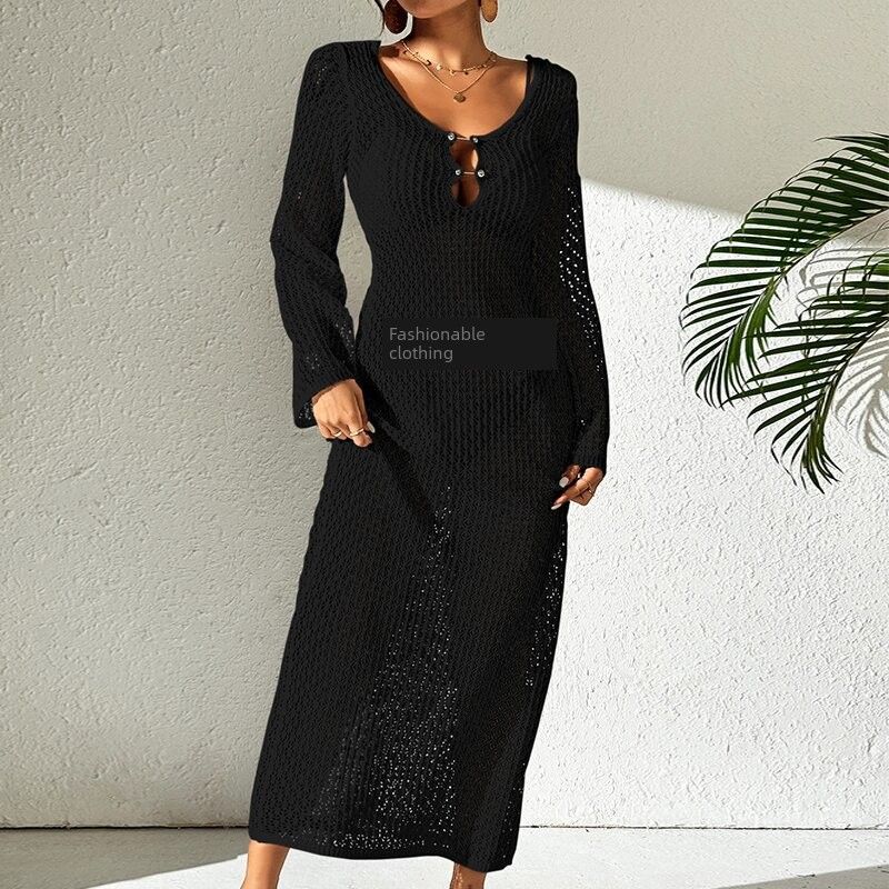 

Fashion New Arrival Cut Out Texture V Neck round Buckle Long Sleeves Vacation Length Dress Beach Open Back Maxi Dress Black L