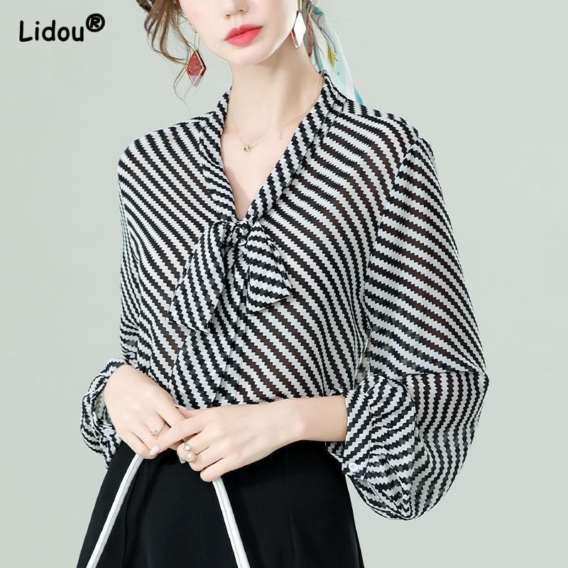 Elegant Fashion New Wild Bow Neck Chiffon Women's Spring Autumn Loose Lantern Sleeve Thin Tops Striped Graceful Blouses