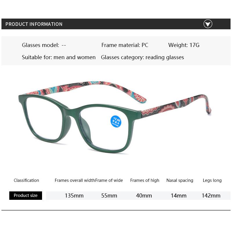 Square Plastic Hinge Floral Printed Anti Blue Light Reading Glasses Women Presbyopic Glasses with Cases +0.5 to 4.0