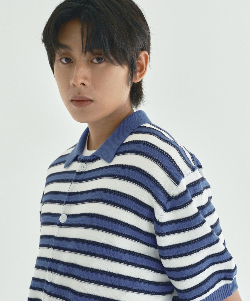Ecorr Striped Collared Short Sleeve Cardigan_Blue