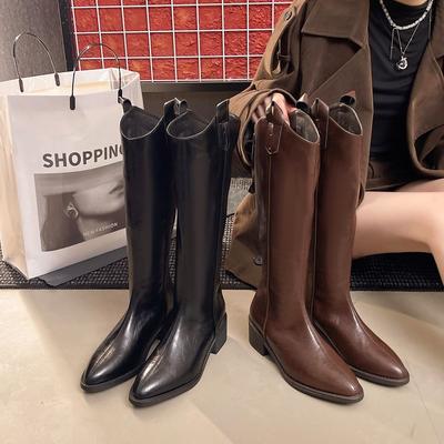 [Gleicher Stil wie Guan Xiaotong] Rindslederversion von Wanderer Winter Einkaufszentrum neue dickbeinige großer Schaftumfang V-Ausschnitt Ritterstiefel für Damen