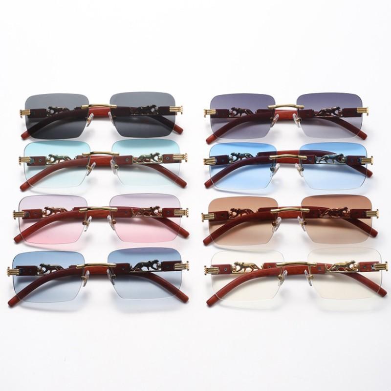Gafas de Sol Cuadradas Vintage Sin Montura Mujer Hombre Lujo Populares Viaje Conducir Metal Cabeza de Leopardo Gafas de Sol UV400