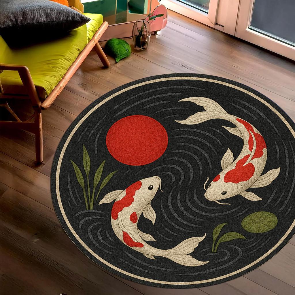 1pc Retro Japanese Koi Pattern Round Rug, Non-slip Floor Mat for Living Room, Bedroom, Bathroom, Holiday Home Decoration
