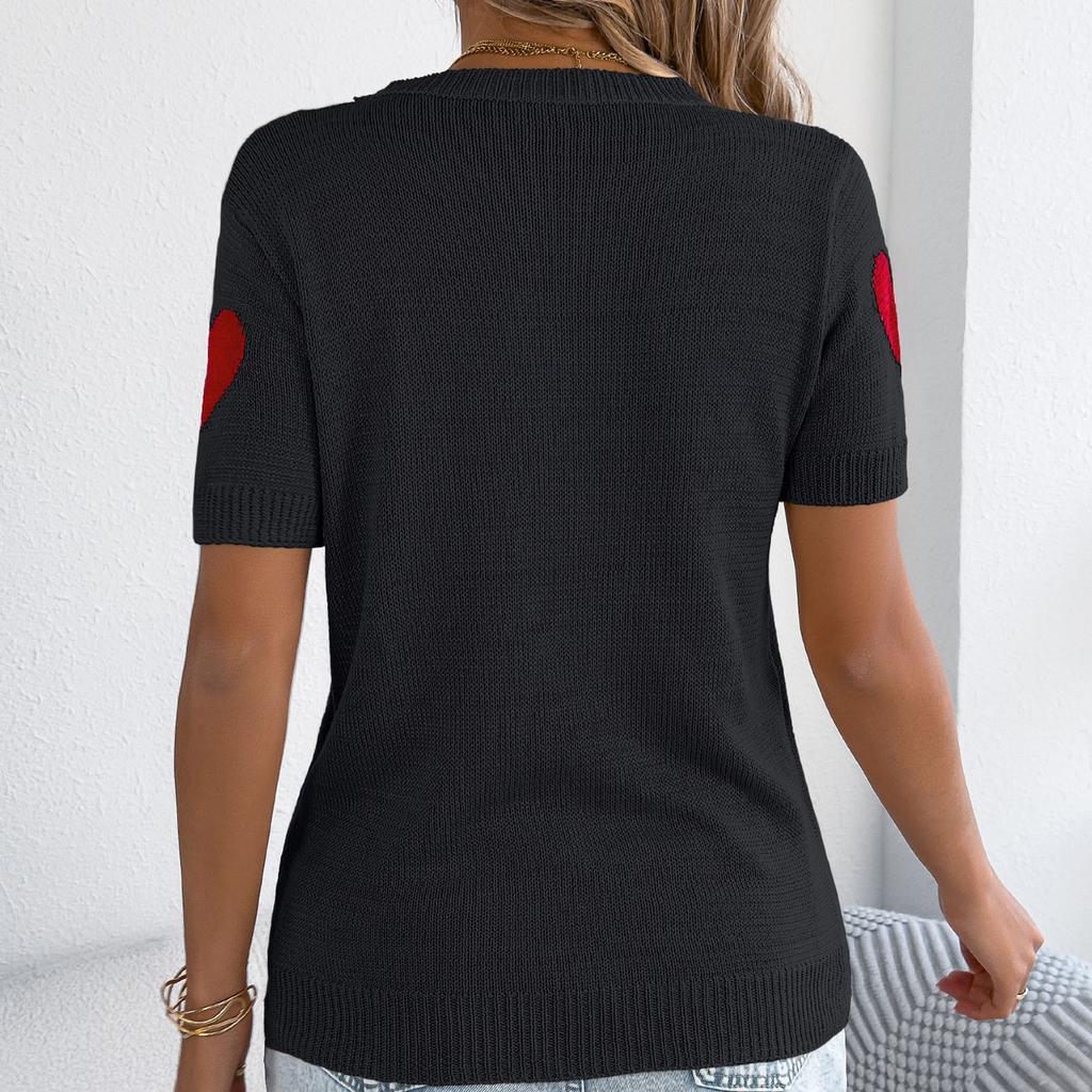 Women's Casual Fashion Contrasting Short Sleeved Knitted Shirt Top Knitted Shirt Top